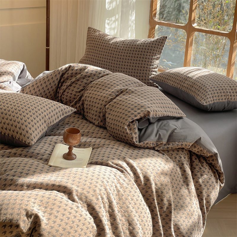 HKM-938707 Houndstooth Cotton Double-Layer Bedding Set, Four-Piece with Fitted Sheet and Duvet Cover