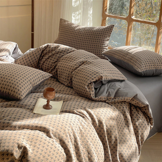 HKM-938707 Houndstooth Cotton Double-Layer Bedding Set, Four-Piece with Fitted Sheet and Duvet Cover