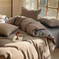 HKM-938707 Houndstooth Cotton Double-Layer Bedding Set, Four-Piece with Fitted Sheet and Duvet Cover
