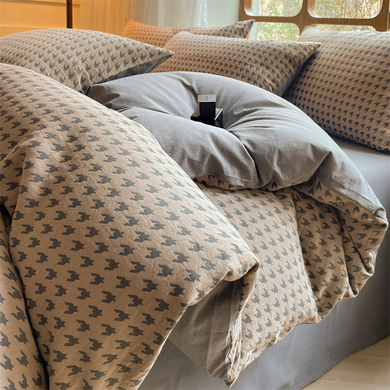 HKM-938707 Houndstooth Cotton Double-Layer Bedding Set, Four-Piece with Fitted Sheet and Duvet Cover