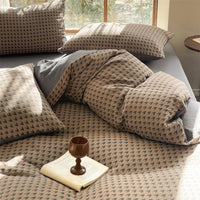 HKM-938707 Houndstooth Cotton Double-Layer Bedding Set, Four-Piece with Fitted Sheet and Duvet Cover