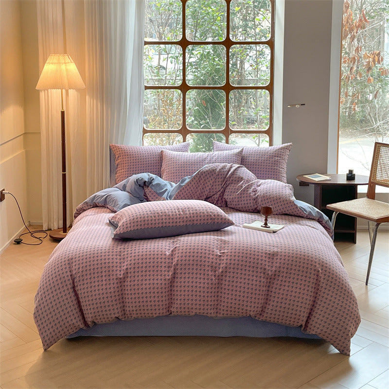 HKM-938707 Houndstooth Cotton Double-Layer Bedding Set, Four-Piece with Fitted Sheet and Duvet Cover