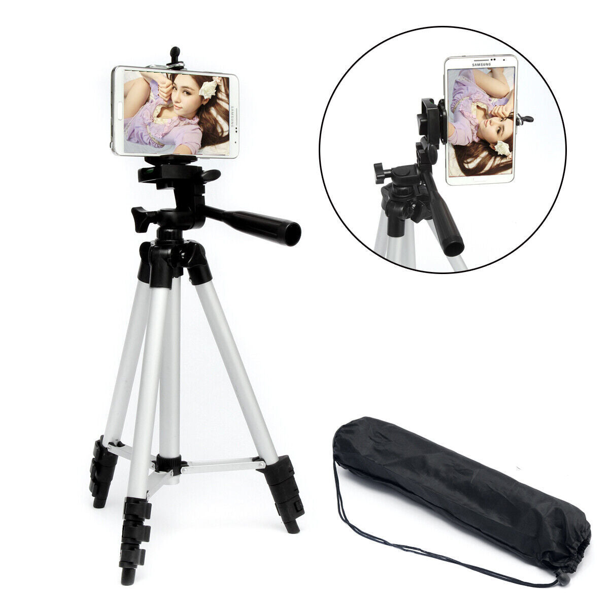 HKM-939091 Portable Aluminum Tripod Stand with Universal Smartphone Holder and 360-Degree Swivel Head, Ideal for Live Streaming and Photography