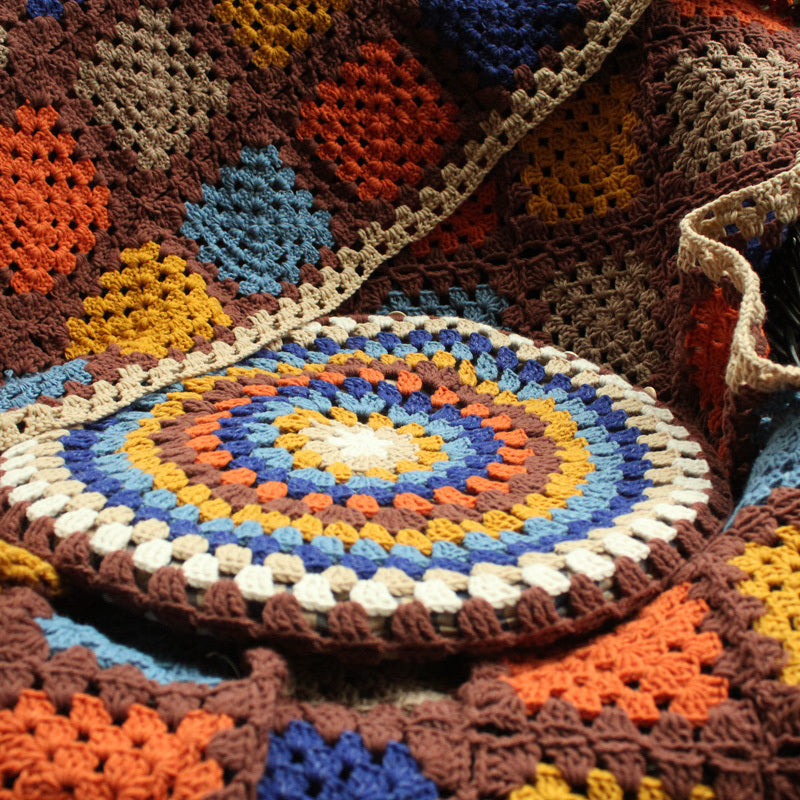 HKM-939795 Hand-Crocheted Geometric Wool Blanket Cushion Cover - Rustic Tapestry Design, 48cm Size