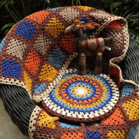 HKM-939795 Hand-Crocheted Geometric Wool Blanket Cushion Cover - Rustic Tapestry Design, 48cm Size