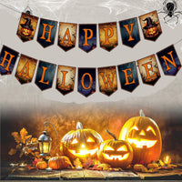 HKM-939987 Happy Halloween Banner and Spider Ornament Set with Black Rope for Trick or Treat Theme Party Decorations