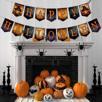 HKM-939987 Happy Halloween Banner and Spider Ornament Set with Black Rope for Trick or Treat Theme Party Decorations