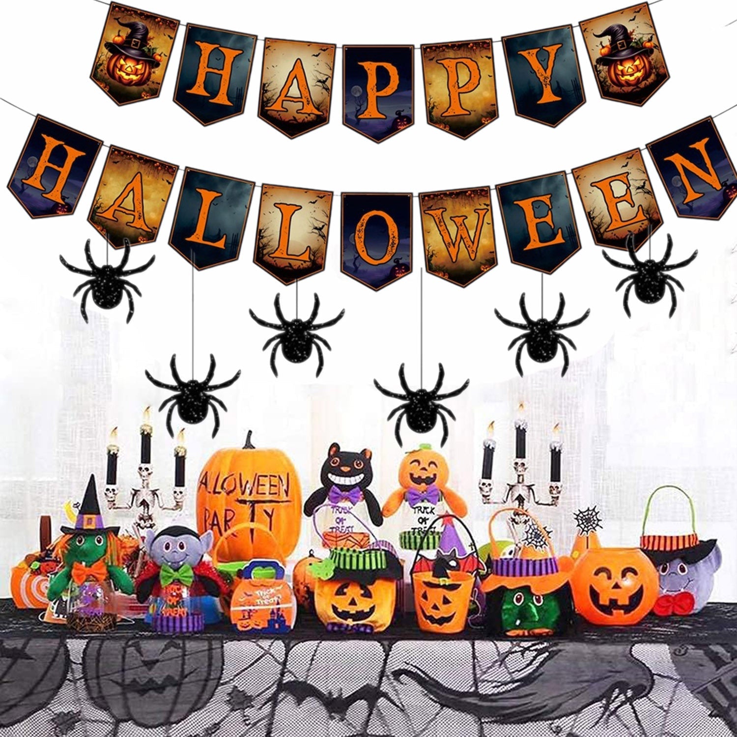HKM-939987 Happy Halloween Banner and Spider Ornament Set with Black Rope for Trick or Treat Theme Party Decorations