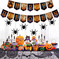 HKM-939987 Happy Halloween Banner and Spider Ornament Set with Black Rope for Trick or Treat Theme Party Decorations