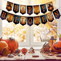 HKM-939987 Happy Halloween Banner and Spider Ornament Set with Black Rope for Trick or Treat Theme Party Decorations