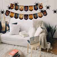 HKM-939987 Happy Halloween Banner and Spider Ornament Set with Black Rope for Trick or Treat Theme Party Decorations