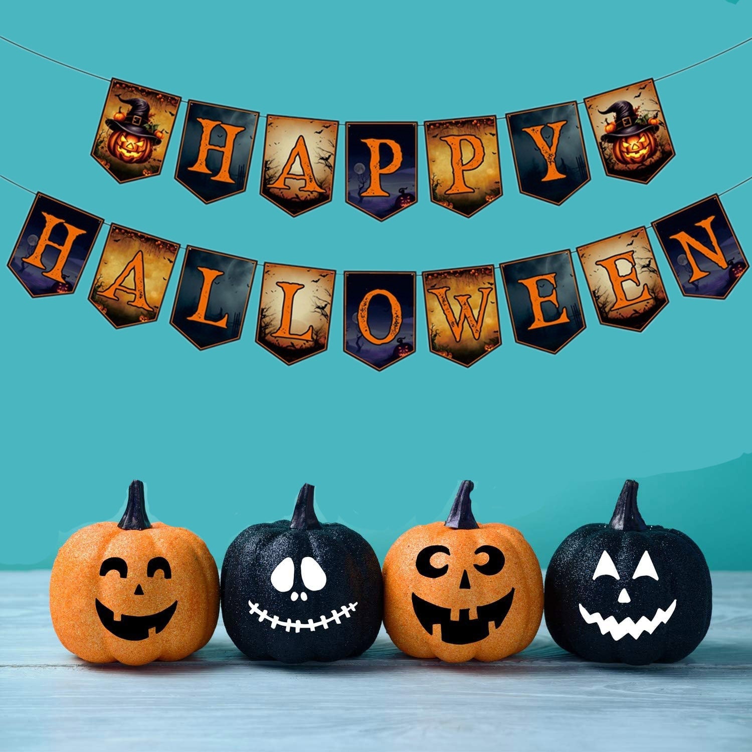 HKM-939987 Happy Halloween Banner and Spider Ornament Set with Black Rope for Trick or Treat Theme Party Decorations