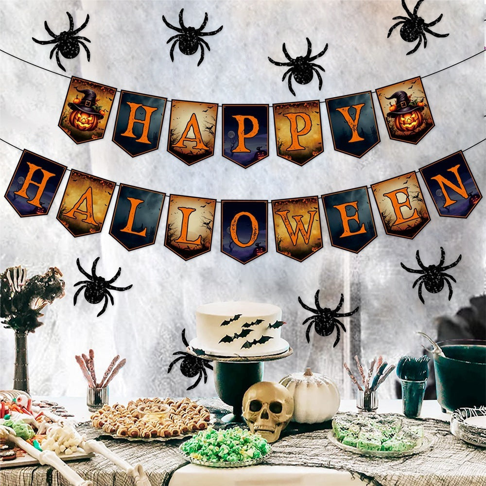 HKM-939987 Happy Halloween Banner and Spider Ornament Set with Black Rope for Trick or Treat Theme Party Decorations