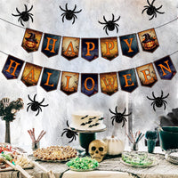 HKM-939987 Happy Halloween Banner and Spider Ornament Set with Black Rope for Trick or Treat Theme Party Decorations