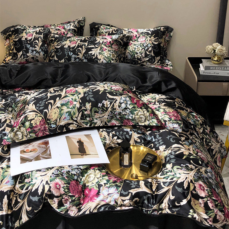 HKM-940179 Light Luxury Plant and Flower Design Silk Bedding Set - Four-Piece Collection in Multiple Sizes
