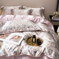 HKM-940179 Light Luxury Plant and Flower Design Silk Bedding Set - Four-Piece Collection in Multiple Sizes