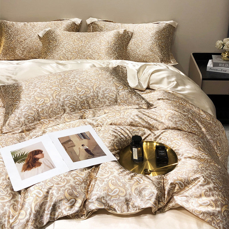 HKM-940179 Light Luxury Plant and Flower Design Silk Bedding Set - Four-Piece Collection in Multiple Sizes