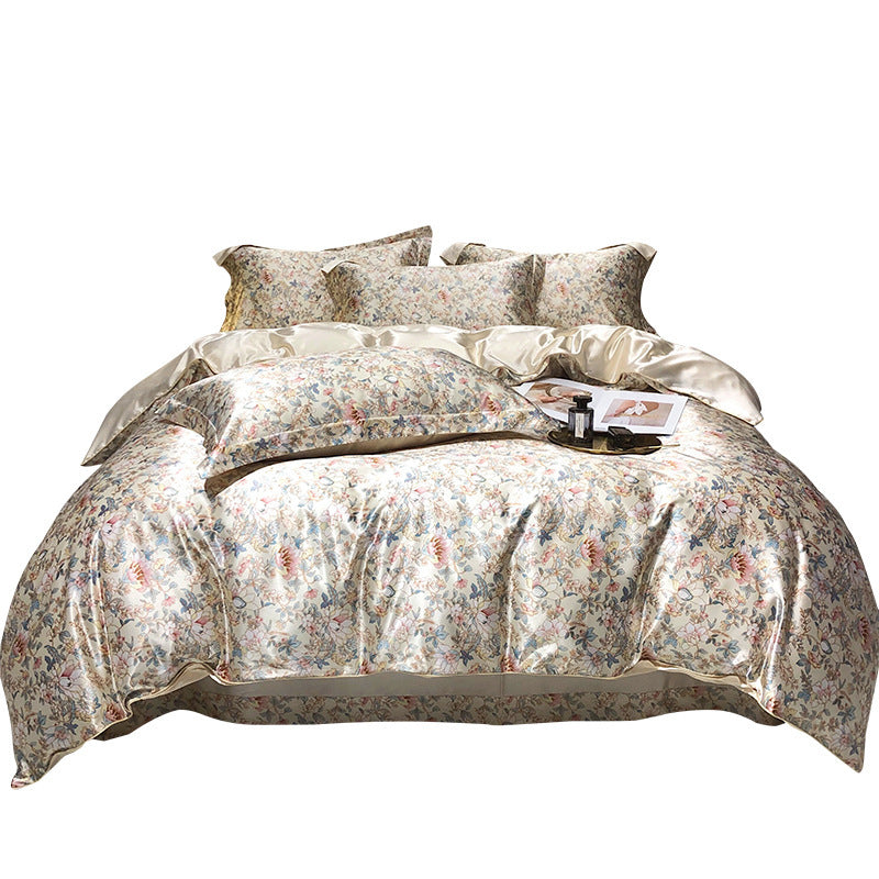 HKM-940179 Light Luxury Plant and Flower Design Silk Bedding Set - Four-Piece Collection in Multiple Sizes