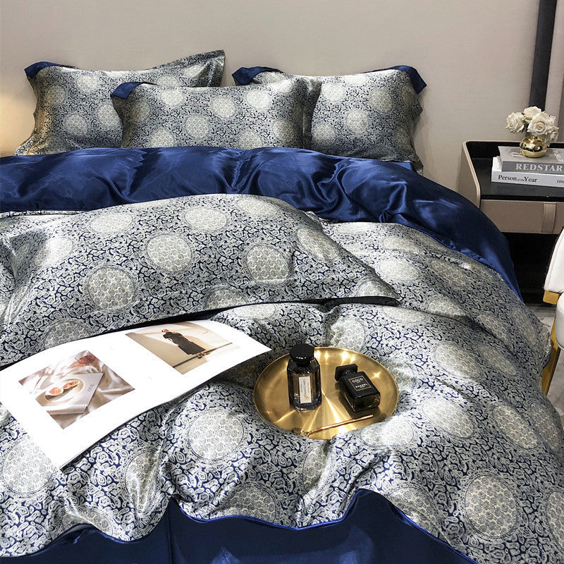 HKM-940179 Light Luxury Plant and Flower Design Silk Bedding Set - Four-Piece Collection in Multiple Sizes