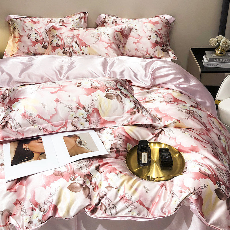HKM-940179 Light Luxury Plant and Flower Design Silk Bedding Set - Four-Piece Collection in Multiple Sizes