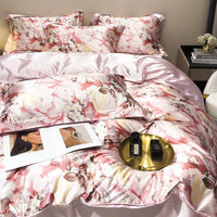HKM-940179 Light Luxury Plant and Flower Design Silk Bedding Set - Four-Piece Collection in Multiple Sizes