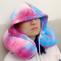 HKM-940819 Hooded U-Shape Nap Pillow with Headband Cap - Modern Tie-Dyed Design