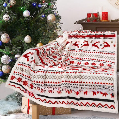 HKM-941011 Christmas Double Layer Thick Fleece Blanket – Stripe, Geometric, Snowflake, Floral Patterns, Multiple Sizes Available