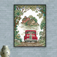 HKM-941011 Forest Path Car Cross Stitch Kit - Eco Cotton, 14ct (30x38cm) & 11ct (39x48cm) Options Available