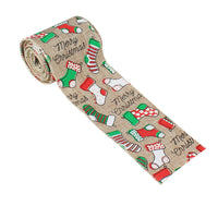 HKM-941459 Linen Christmas Ribbon with Wire Edge - Letter, Small Tree, Socks & Five-Star Styles, 200x6cm