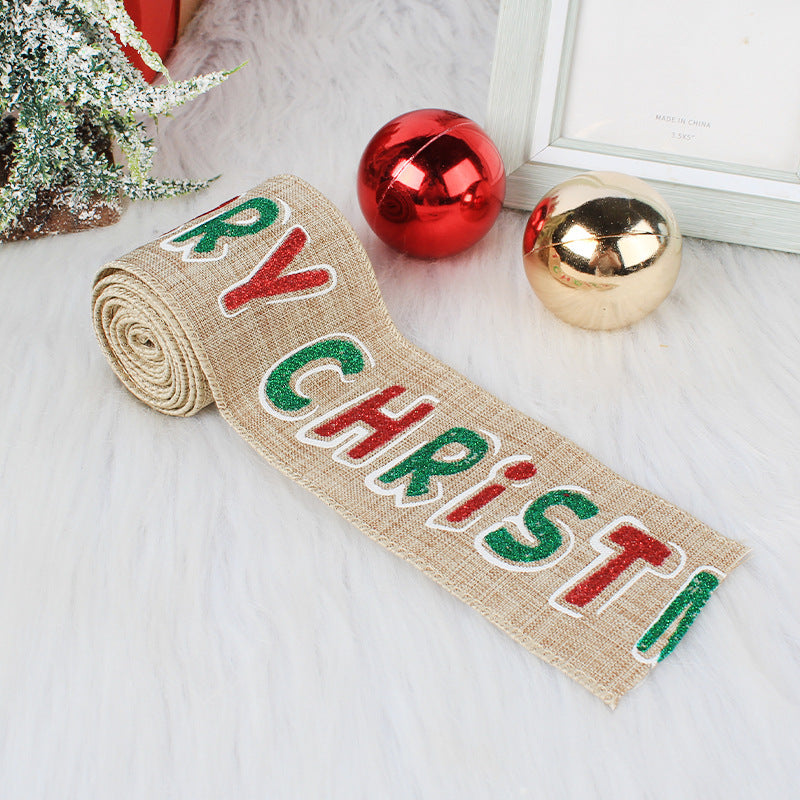 HKM-941459 Linen Christmas Ribbon with Wire Edge - Letter, Small Tree, Socks & Five-Star Styles, 200x6cm