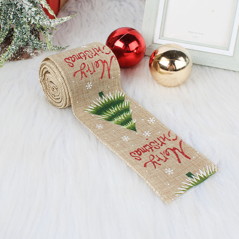 HKM-941459 Linen Christmas Ribbon with Wire Edge - Letter, Small Tree, Socks & Five-Star Styles, 200x6cm