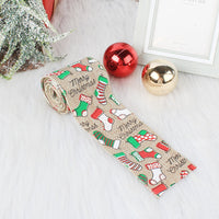 HKM-941459 Linen Christmas Ribbon with Wire Edge - Letter, Small Tree, Socks & Five-Star Styles, 200x6cm