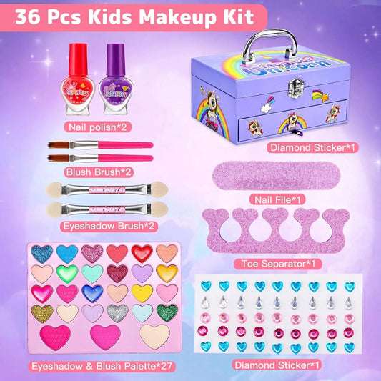 HKM-941843 2 Layers Girls Makeup Kit with Cosmetic Tools, Nail Polish, and Eye Shadow in Purple Case