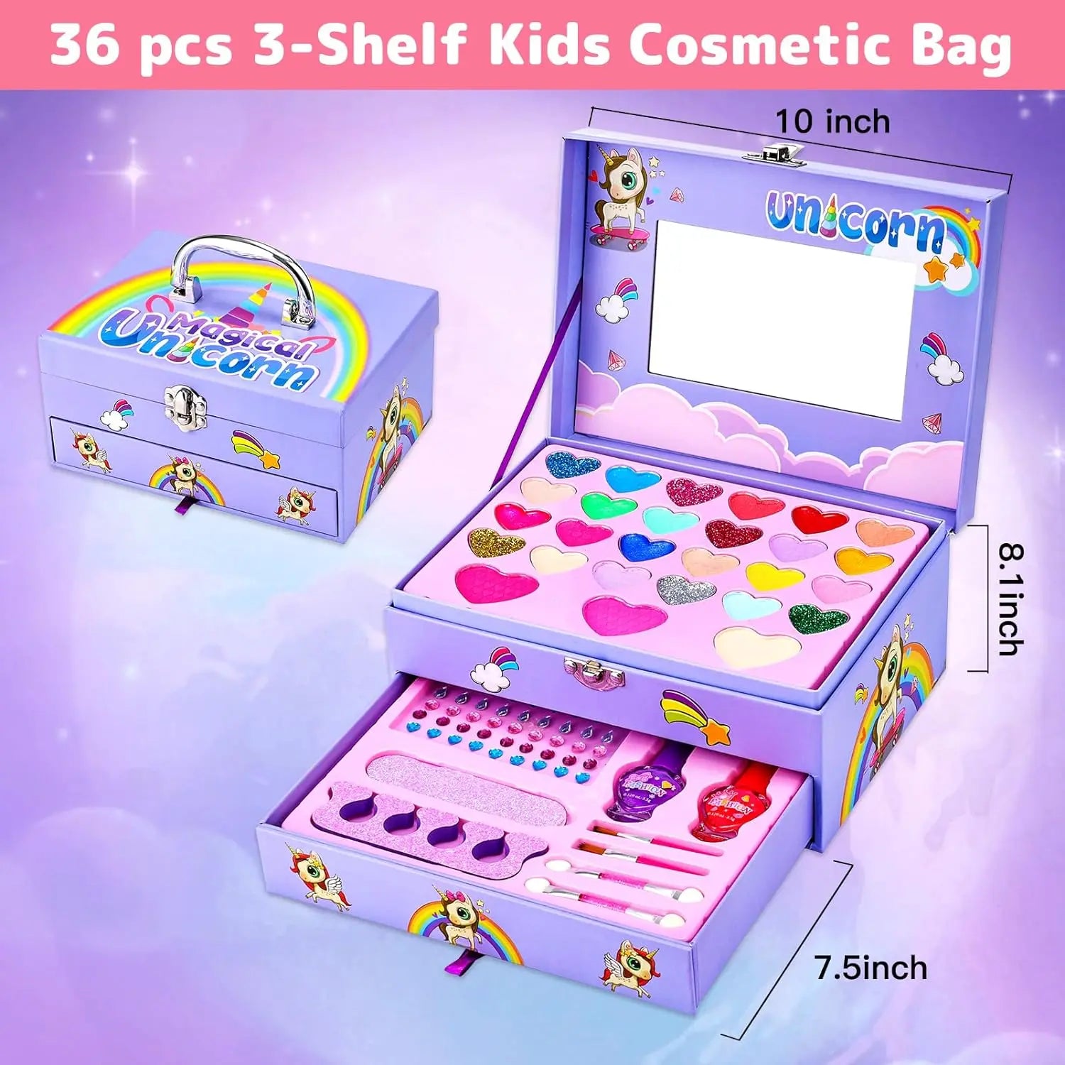 HKM-941843 2 Layers Girls Makeup Kit with Cosmetic Tools, Nail Polish, and Eye Shadow in Purple Case