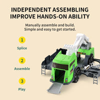 HKM-942419 Dinosaur Transport Carrier Parking Lot Toy Set for Kids, Green Deformed Truck and Garage Vehicles, Ages 3+