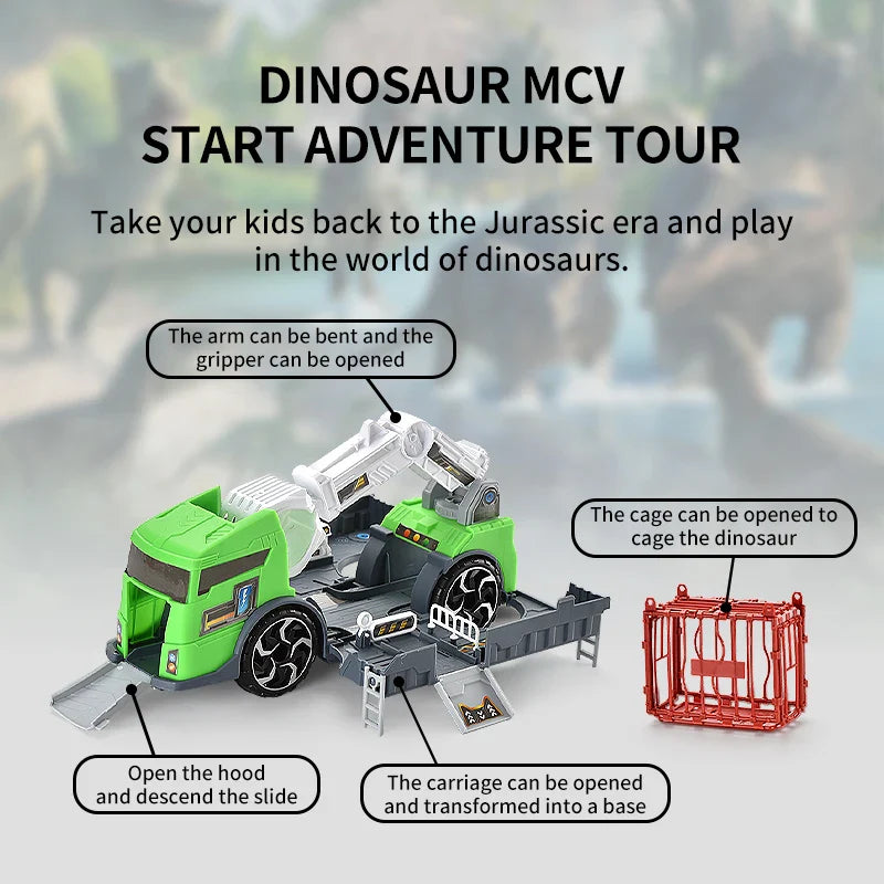 HKM-942419 Dinosaur Transport Carrier Parking Lot Toy Set for Kids, Green Deformed Truck and Garage Vehicles, Ages 3+
