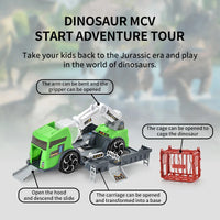 HKM-942419 Dinosaur Transport Carrier Parking Lot Toy Set for Kids, Green Deformed Truck and Garage Vehicles, Ages 3+