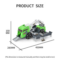 HKM-942419 Dinosaur Transport Carrier Parking Lot Toy Set for Kids, Green Deformed Truck and Garage Vehicles, Ages 3+