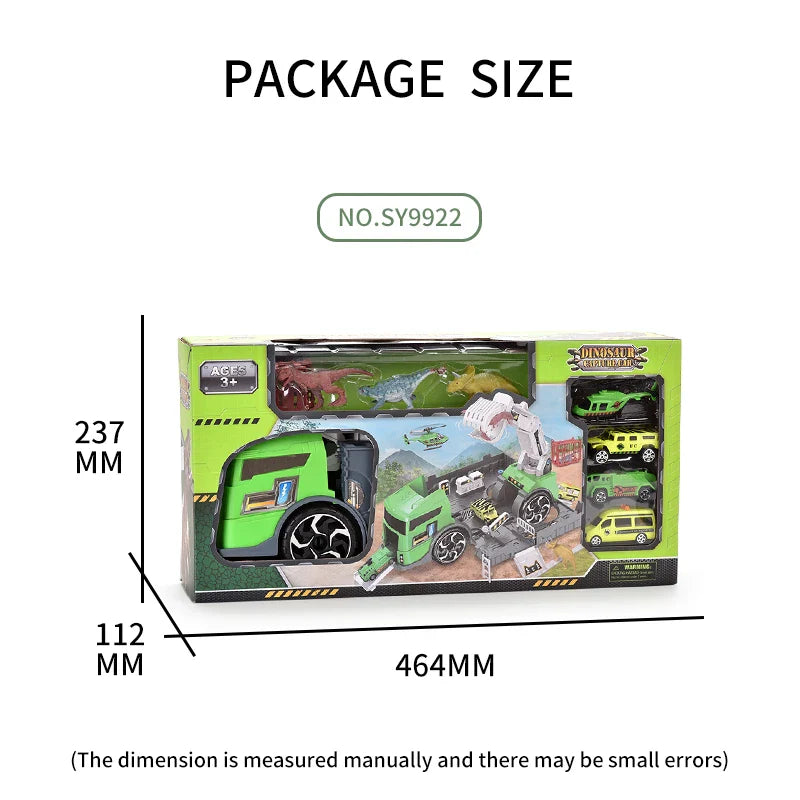 HKM-942419 Dinosaur Transport Carrier Parking Lot Toy Set for Kids, Green Deformed Truck and Garage Vehicles, Ages 3+