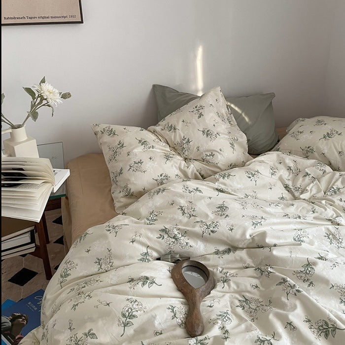 HKM-942483 Washed Four-Piece Bed Sheet Set in Plant and Flower Design