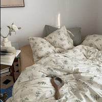HKM-942483 Washed Four-Piece Bed Sheet Set in Plant and Flower Design