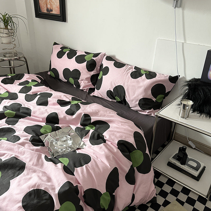 HKM-942483 Washed Four-Piece Bed Sheet Set in Plant and Flower Design
