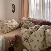 HKM-942483 Washed Four-Piece Bed Sheet Set in Plant and Flower Design