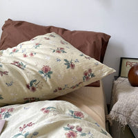 HKM-942483 Washed Four-Piece Bed Sheet Set in Plant and Flower Design