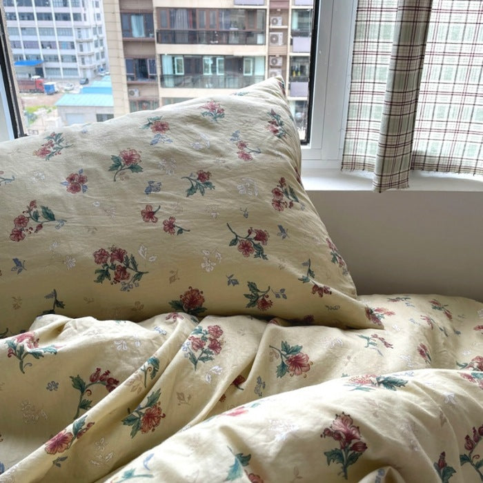 HKM-942483 Washed Four-Piece Bed Sheet Set in Plant and Flower Design