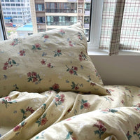 HKM-942483 Washed Four-Piece Bed Sheet Set in Plant and Flower Design