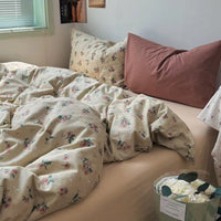 HKM-942483 Washed Four-Piece Bed Sheet Set in Plant and Flower Design