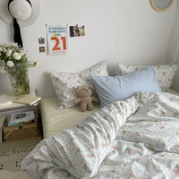 HKM-942483 Washed Four-Piece Bed Sheet Set in Plant and Flower Design