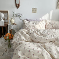 HKM-942483 Washed Four-Piece Bed Sheet Set in Plant and Flower Design