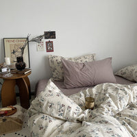 HKM-942483 Washed Four-Piece Bed Sheet Set in Plant and Flower Design